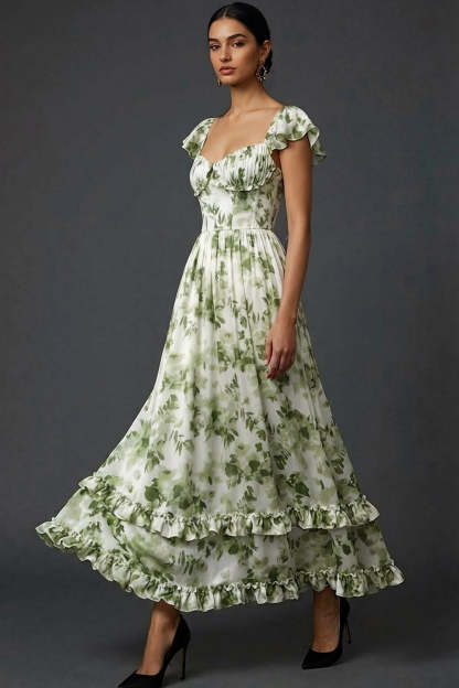 Green Floral A Line Maxi Wedding Guest Dress with Ruffles