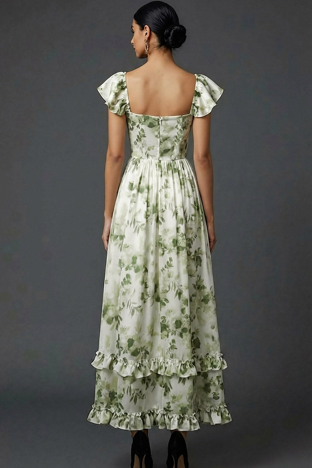 Green Floral A Line Maxi Wedding Guest Dress with Ruffles