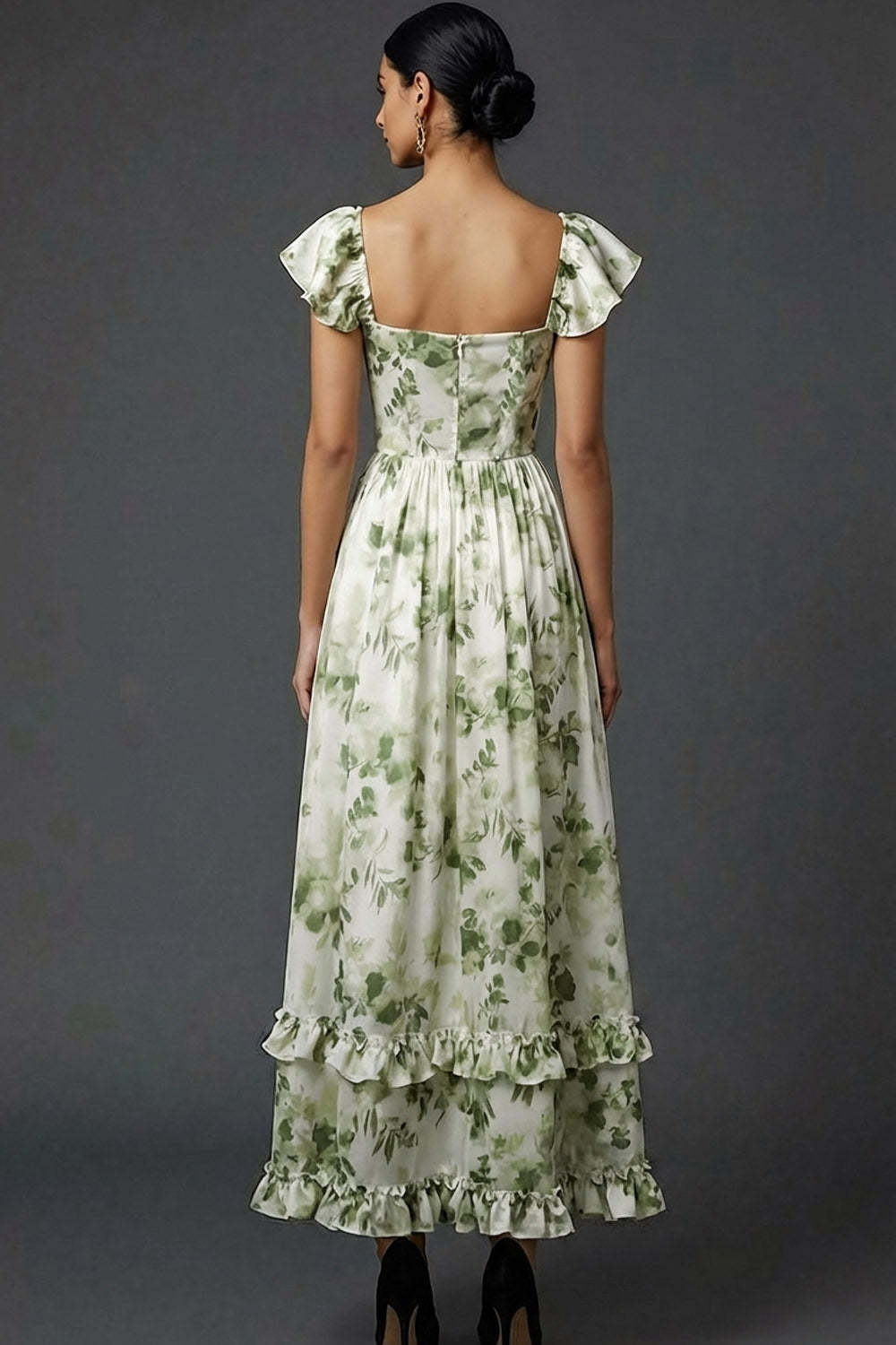 Green Floral A Line Maxi Wedding Guest Dress with Ruffles