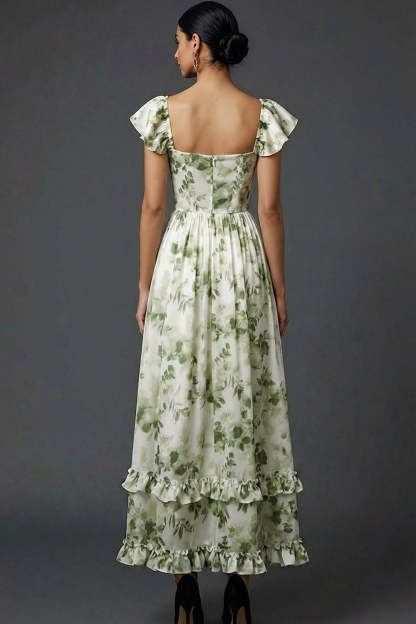 Green Floral A Line Maxi Wedding Guest Dress with Ruffles