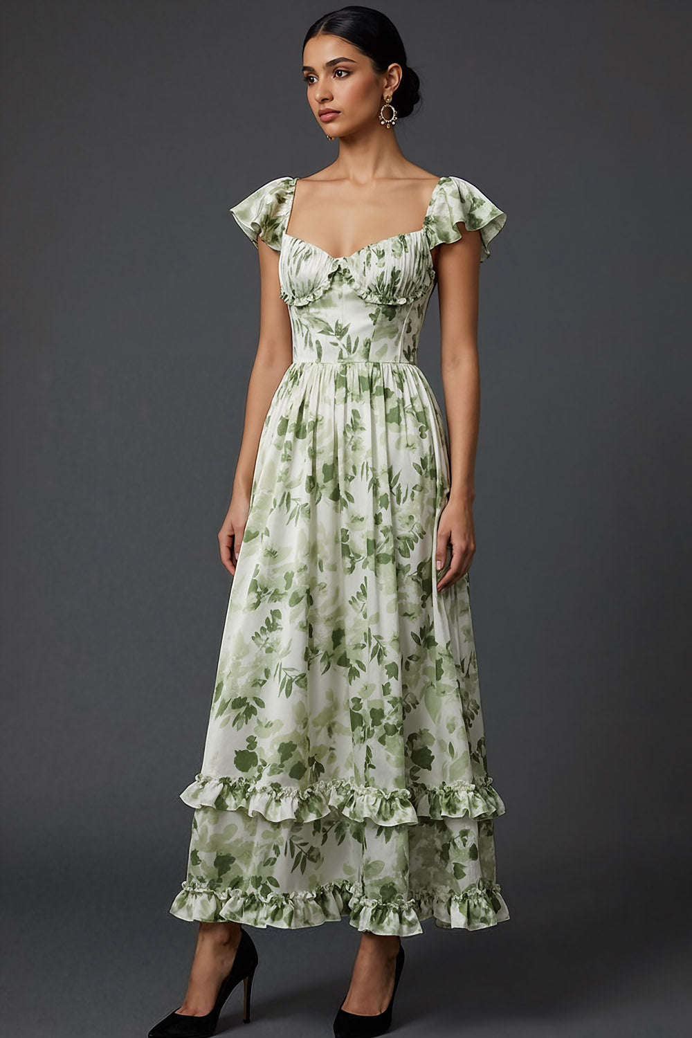 Green Floral A Line Maxi Wedding Guest Dress with Ruffles