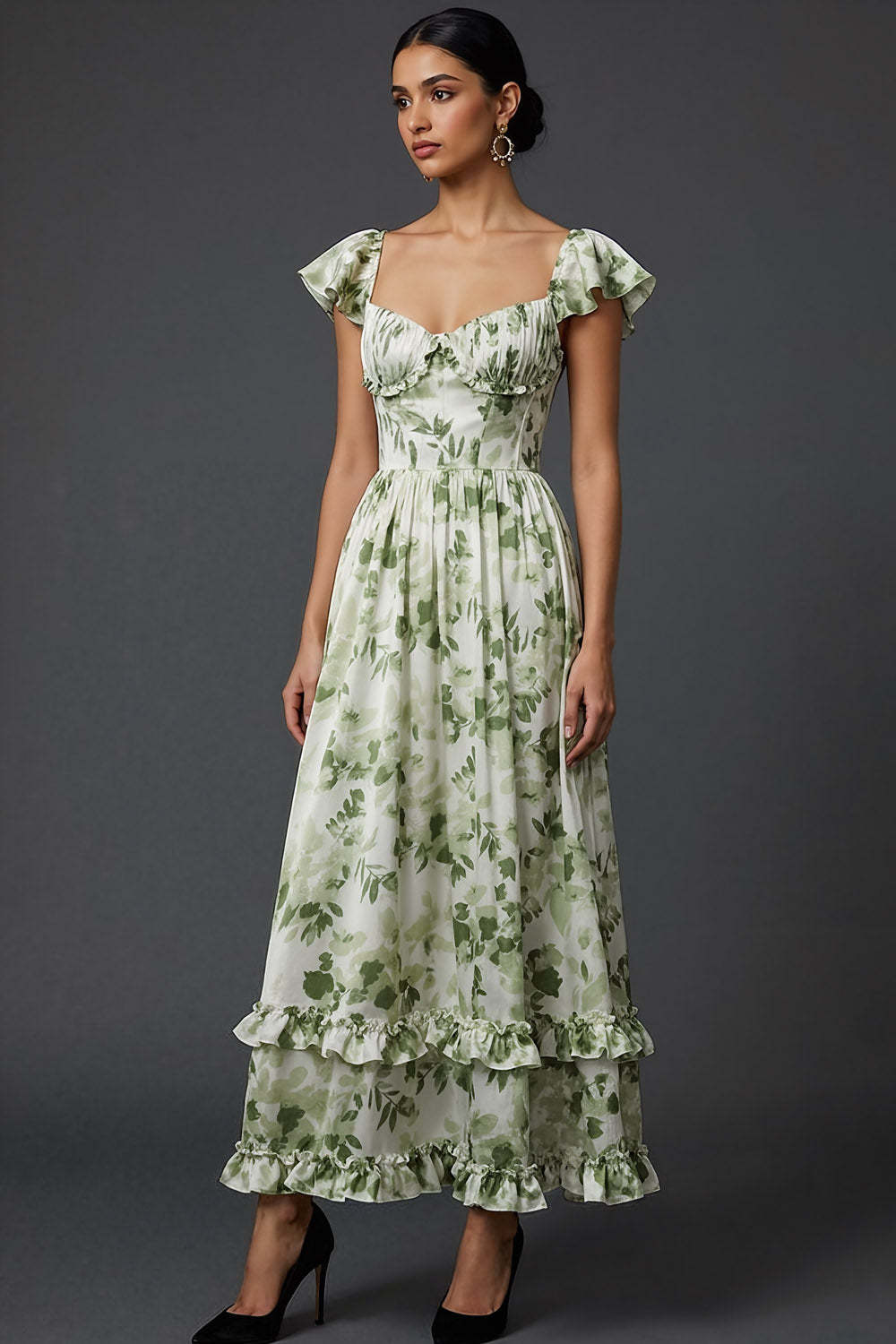 Green Floral A Line Maxi Wedding Guest Dress with Ruffles