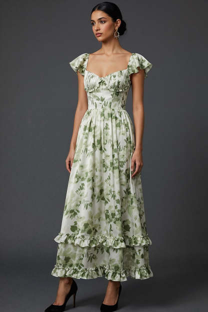 Green Floral A Line Maxi Wedding Guest Dress with Ruffles