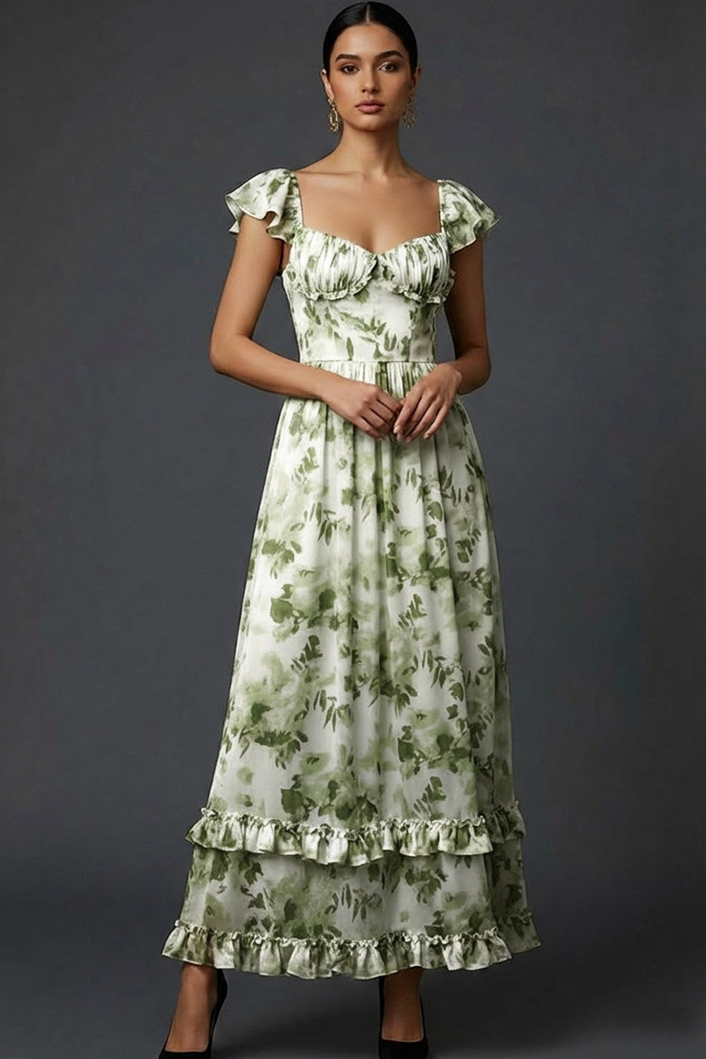 Green Floral A Line Maxi Wedding Guest Dress with Ruffles