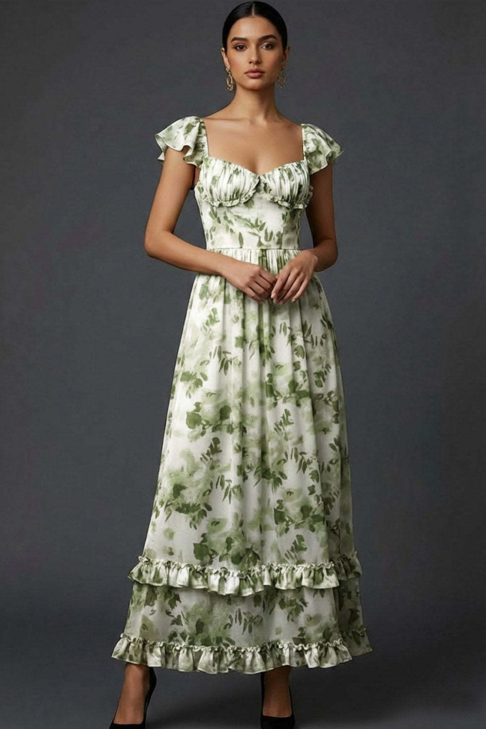 Leely Women Green Floral A Line Maxi Wedding Guest Dress Ruffled Sweetheart Evening Dress
