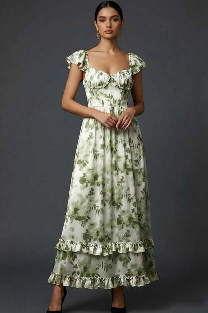 Leely Women Green Floral A Line Maxi Wedding Guest Dress Ruffled Sweetheart Evening Dress