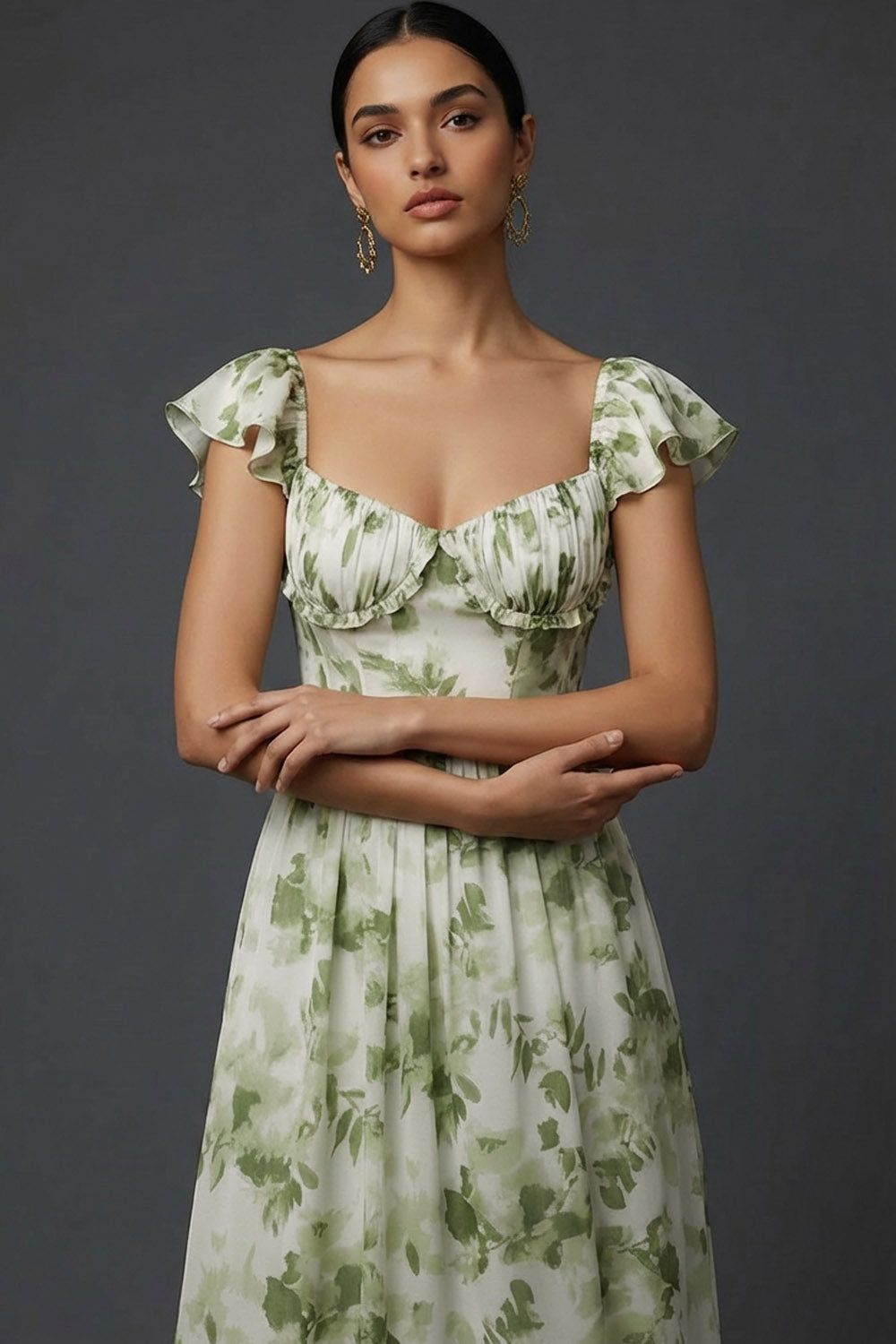 Green Floral A Line Maxi Wedding Guest Dress with Ruffles