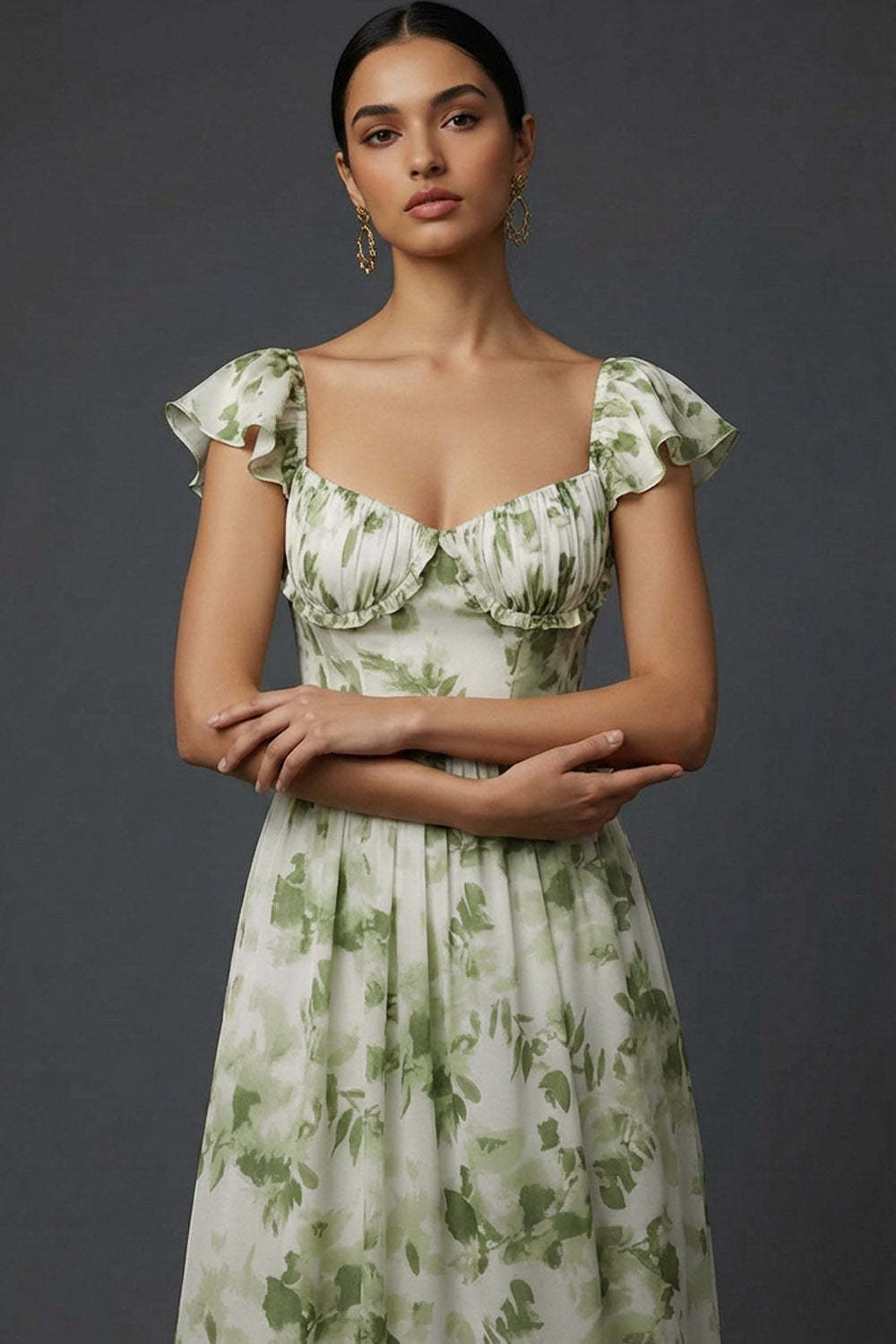 Green Floral A Line Maxi Wedding Guest Dress with Ruffles