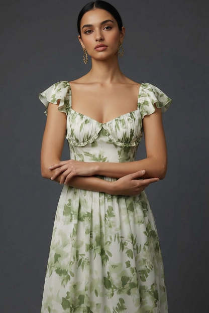 Green Floral A Line Maxi Wedding Guest Dress with Ruffles