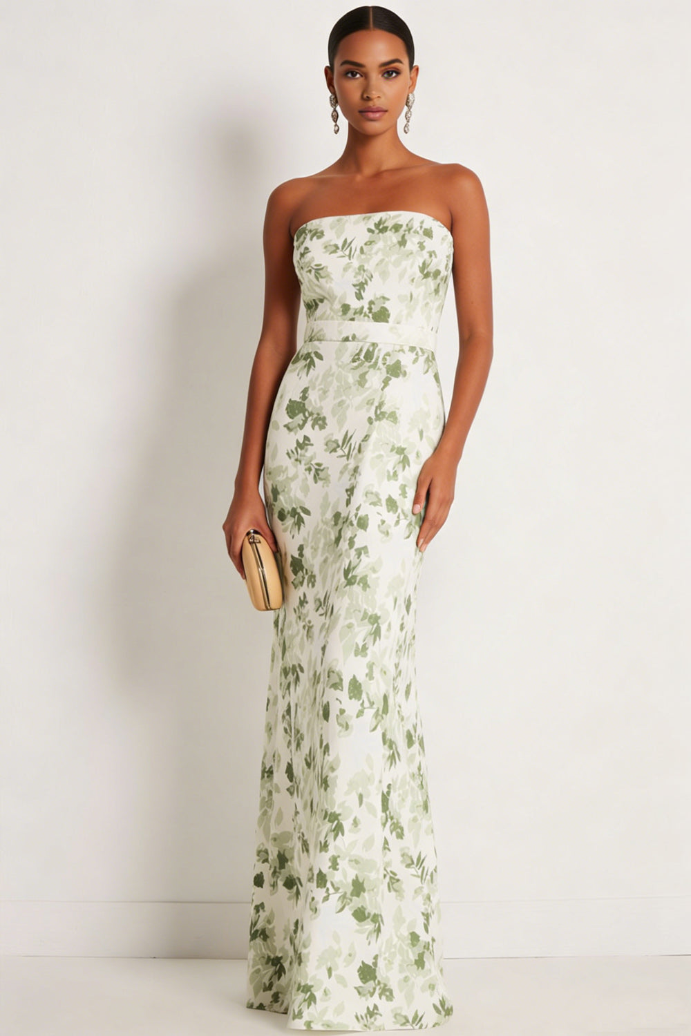 Green Floral Mermaid Maxi Strapless Bridesmaid Dress