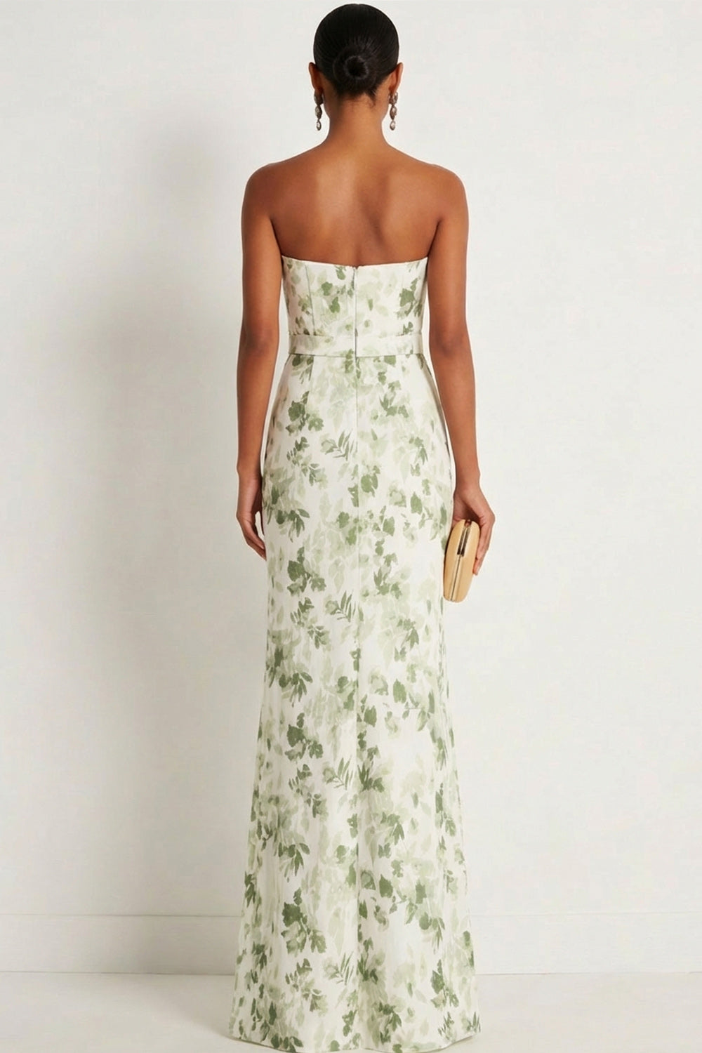 Green Floral Mermaid Maxi Strapless Bridesmaid Dress