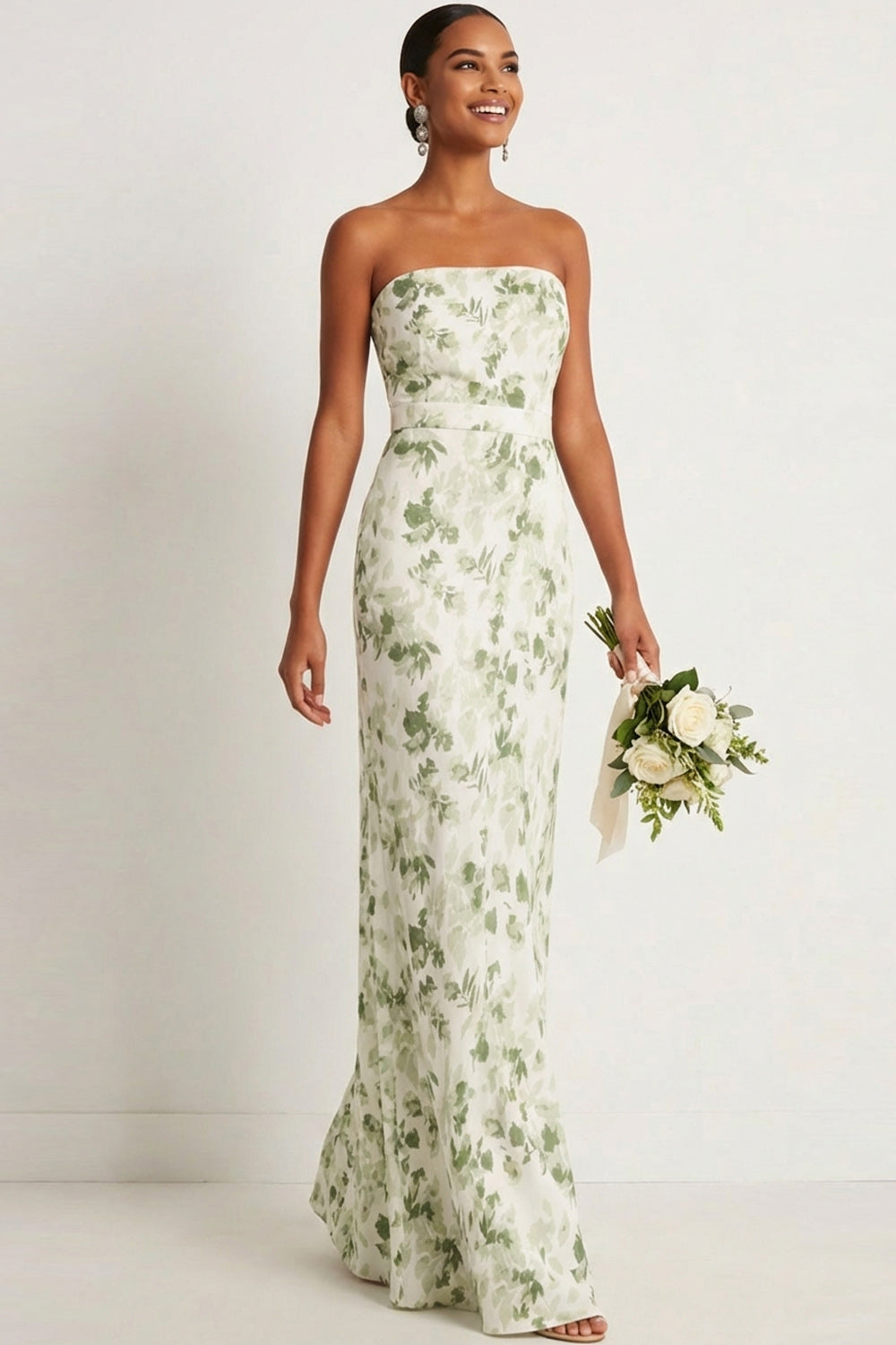 Green Floral Mermaid Maxi Strapless Bridesmaid Dress