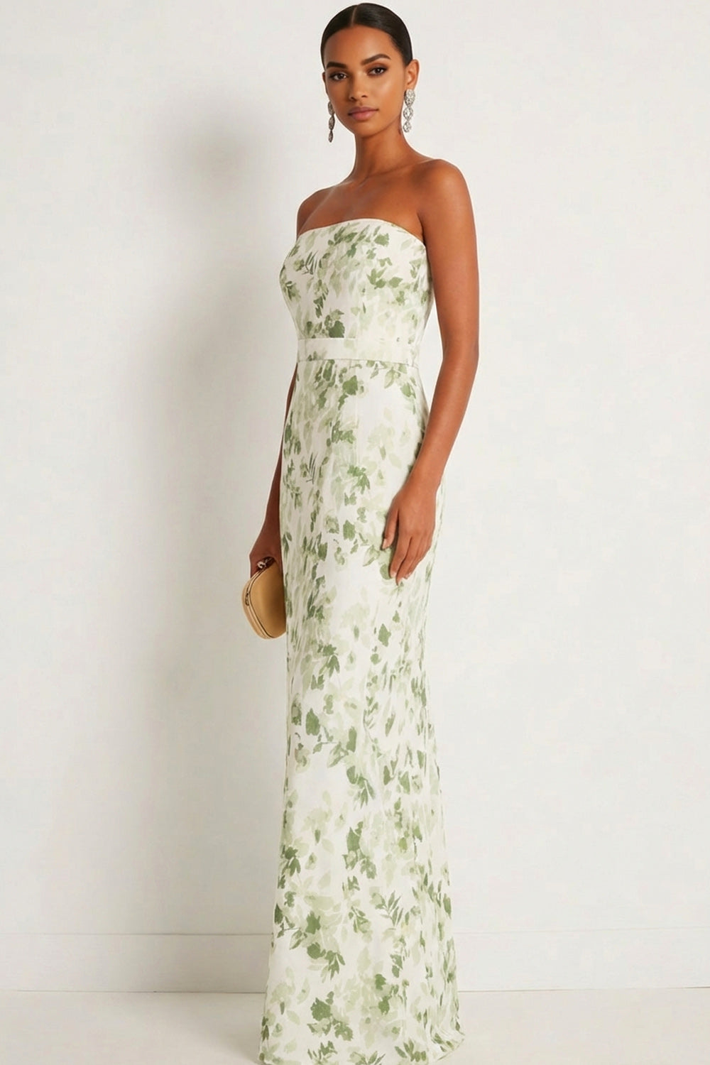 Green Floral Mermaid Maxi Strapless Bridesmaid Dress