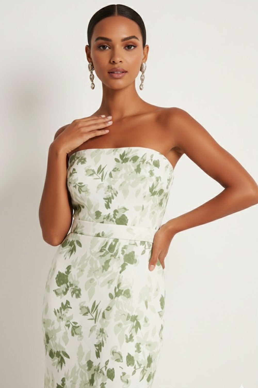 Green Floral Mermaid Maxi Strapless Bridesmaid Dress