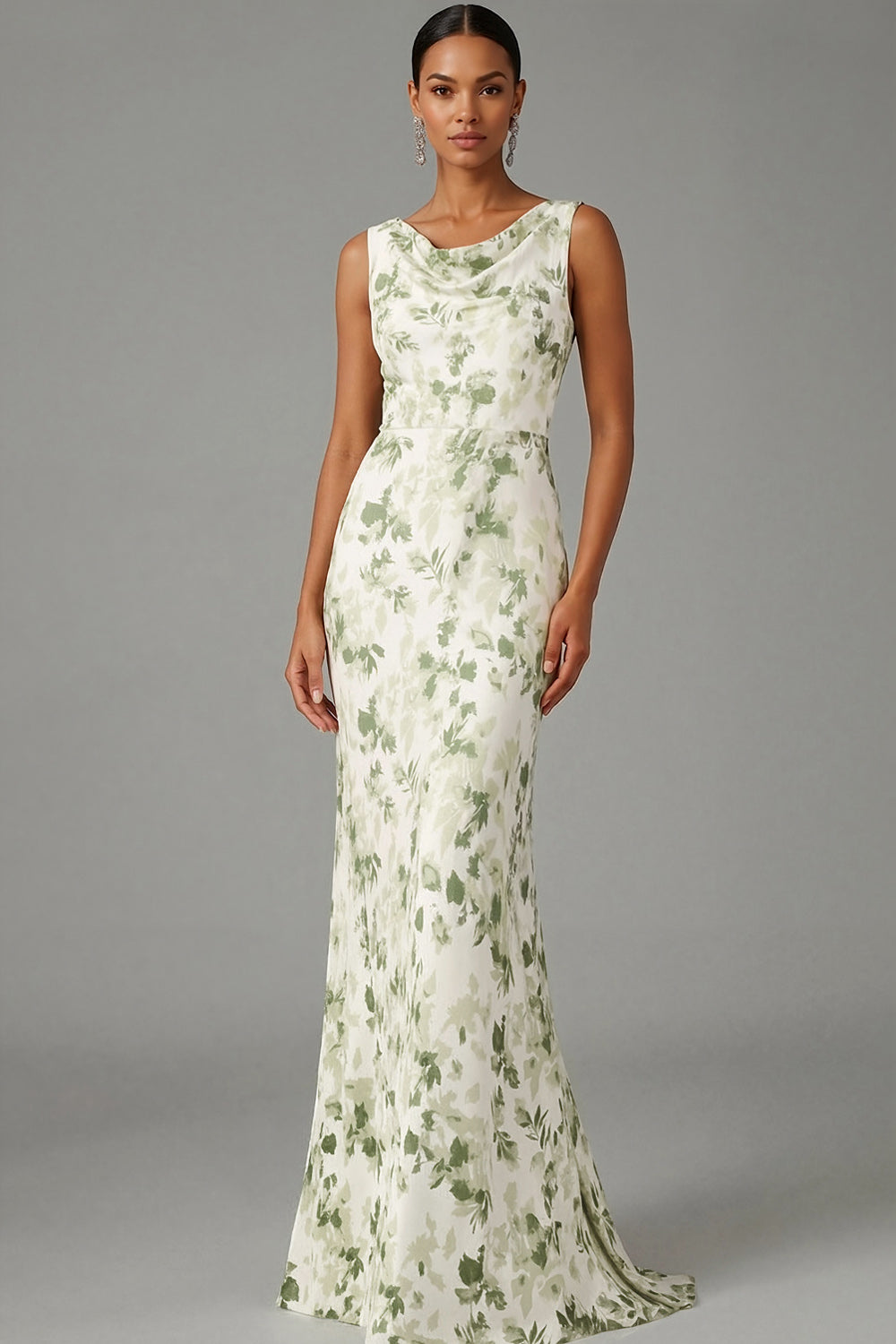 Green Floral Mermaid Cowl Neck Maxi Bridesmaid Dress