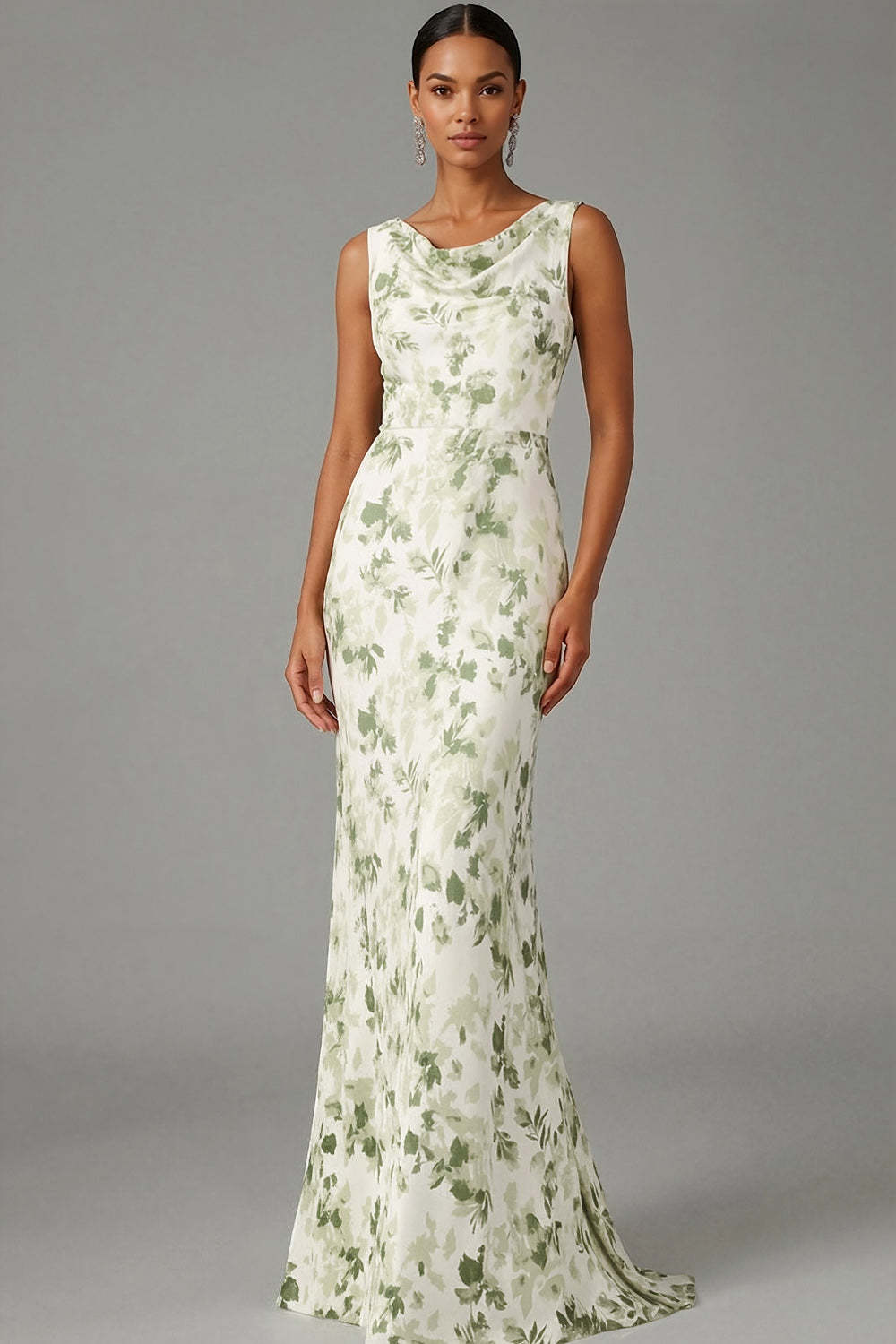 Leely Women Green Floral Cowl Neck Maxi Bridesmaid Dress Backless Mermaid Wedding Guest Dress