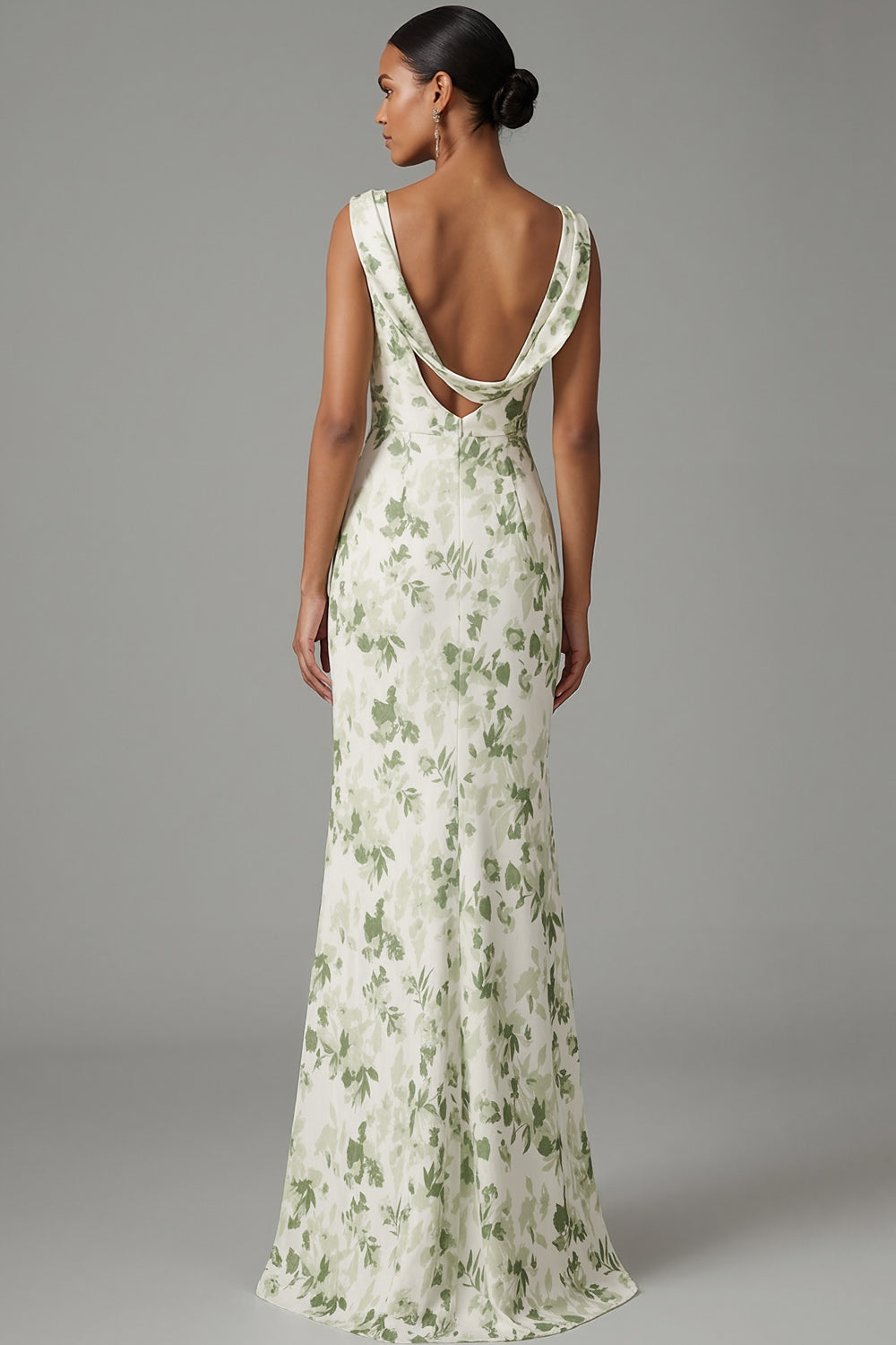 Green Floral Mermaid Cowl Neck Maxi Bridesmaid Dress