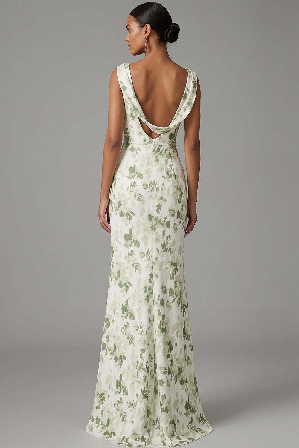 Green Floral Mermaid Cowl Neck Maxi Bridesmaid Dress