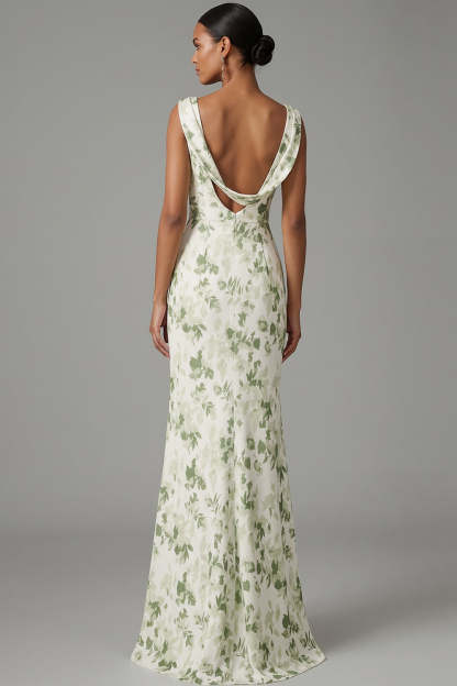 Green Floral Mermaid Cowl Neck Maxi Bridesmaid Dress