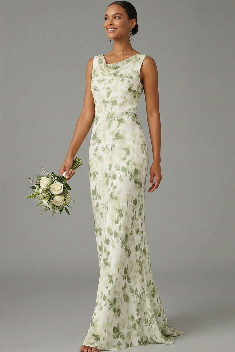 Green Floral Mermaid Cowl Neck Maxi Bridesmaid Dress