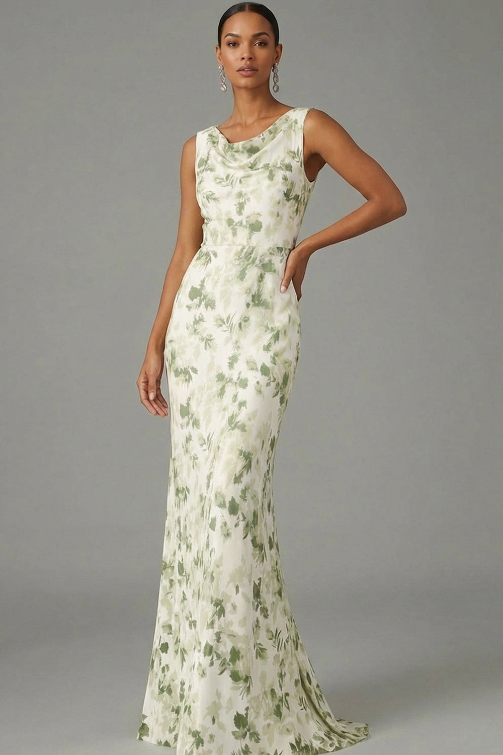 Green Floral Mermaid Cowl Neck Maxi Bridesmaid Dress