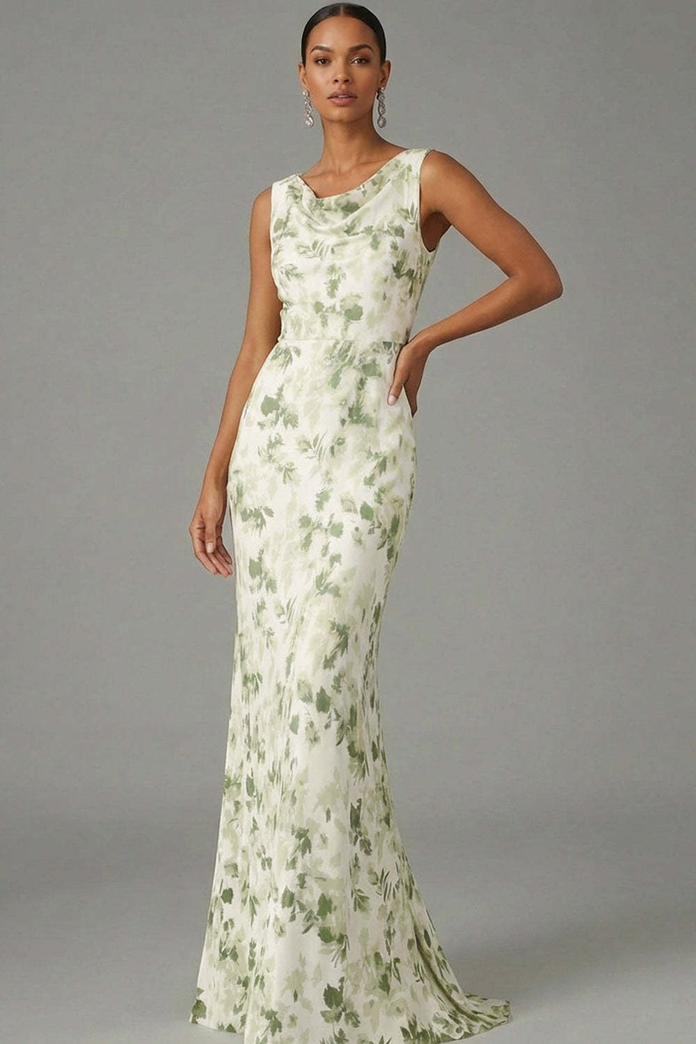 Green Floral Mermaid Cowl Neck Maxi Bridesmaid Dress