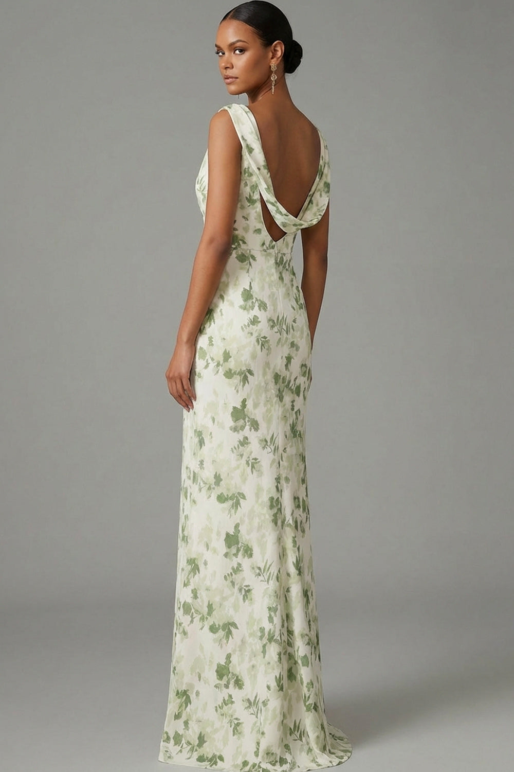 Green Floral Mermaid Cowl Neck Maxi Bridesmaid Dress