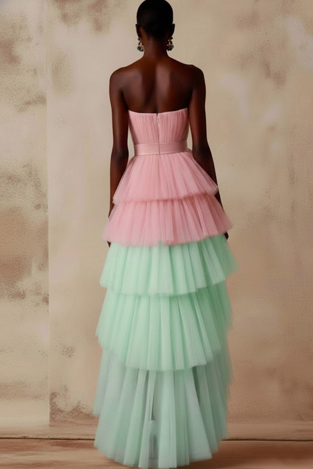 Pink and Green Tulle Tiered A Line Strapless High-Low Prom Dress with Ruffles
