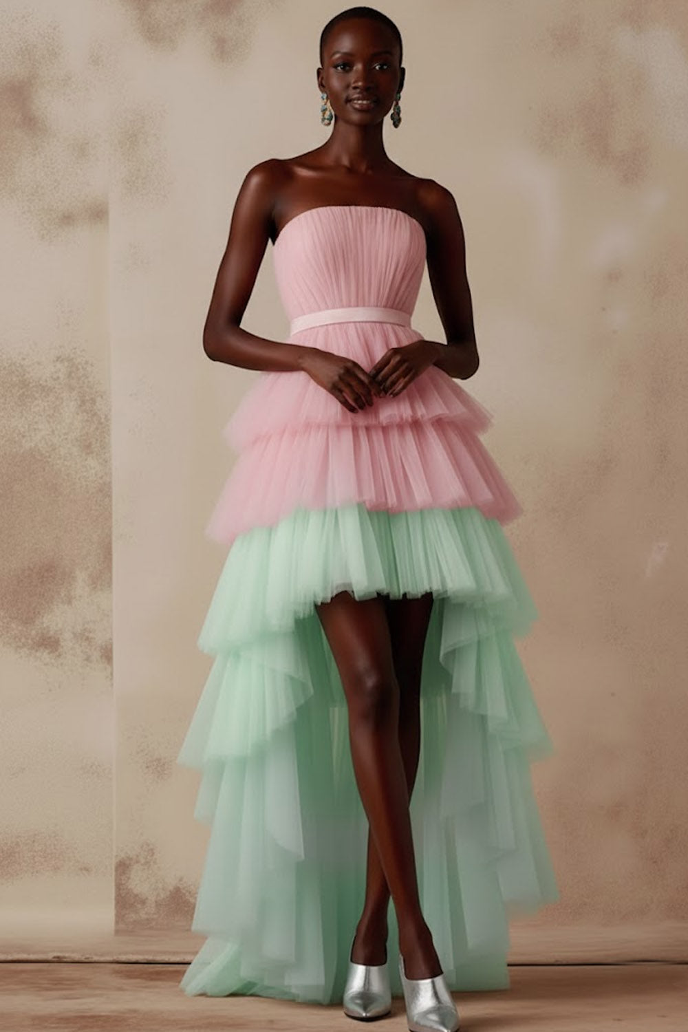 Pink and Green Tulle Tiered A Line Strapless High-Low Prom Dress with Ruffles