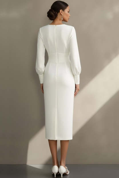 Simple White Sheath Crew Neck Midi Engagement Dress with Sleeves