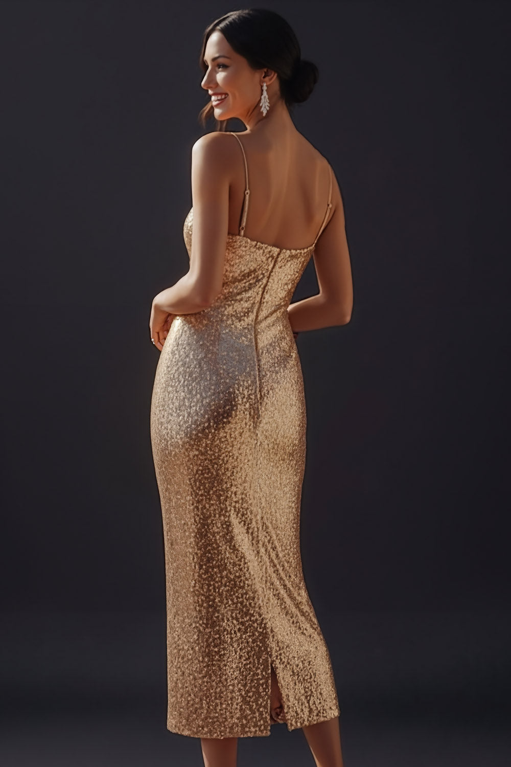 Sparkly Golden Sequin Spaghetti Straps Bodycon Midi Cocktail Dress