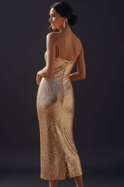 Sparkly Golden Sequin Spaghetti Straps Bodycon Midi Cocktail Dress