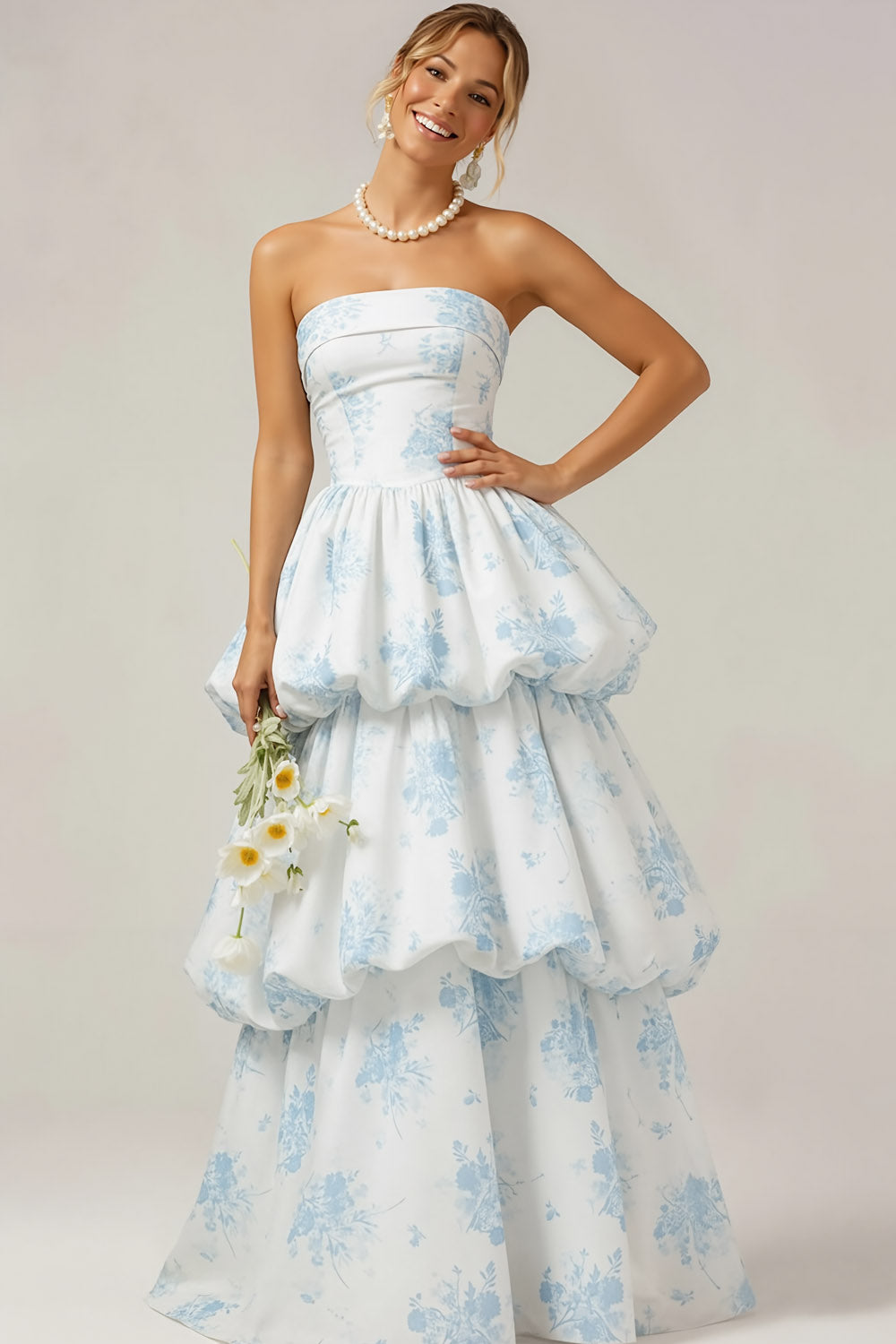 White Blue Flower Tiered Ruffled Long Bridesmaid Dress