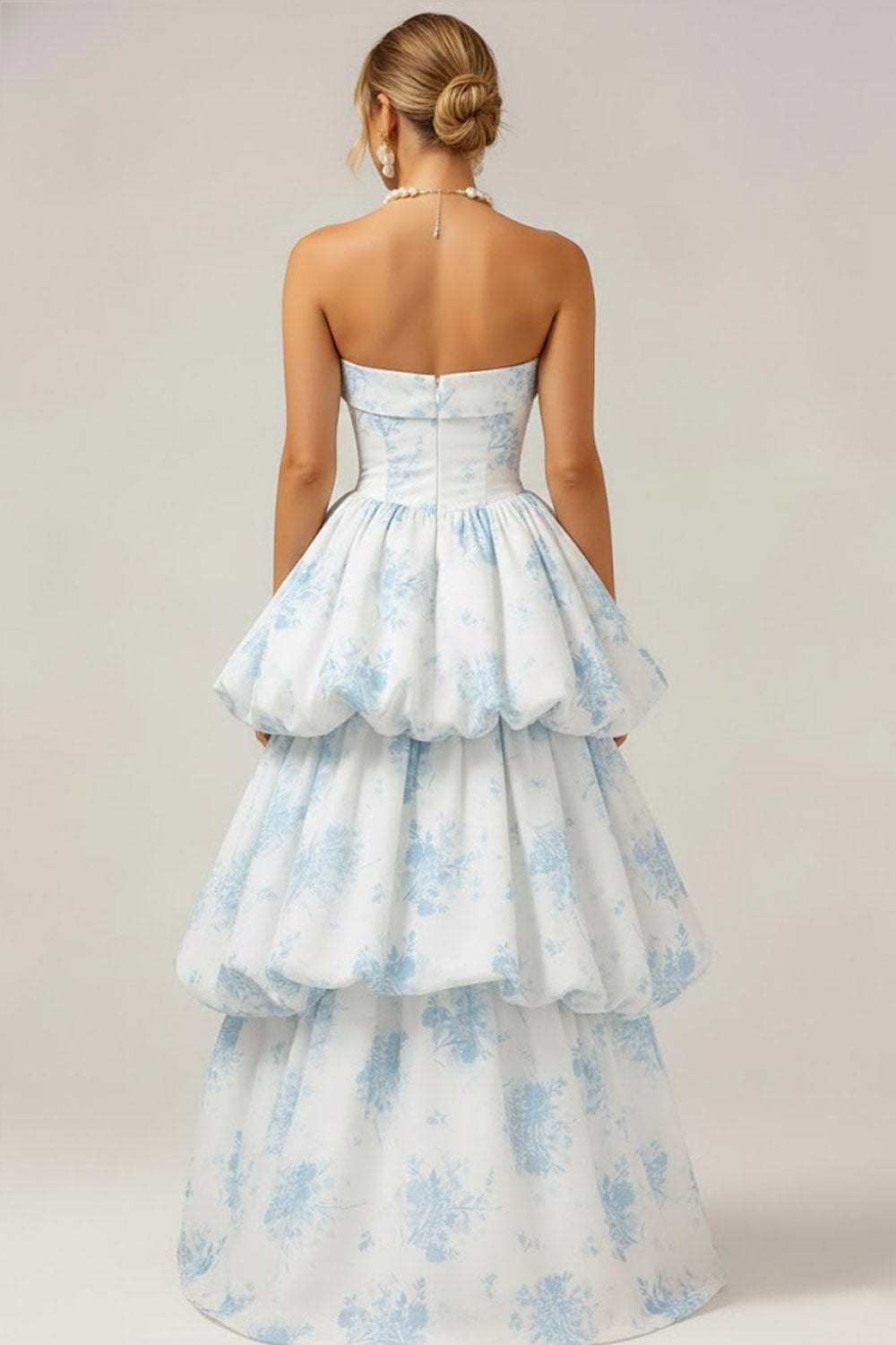 White Blue Flower Tiered Ruffled Long Bridesmaid Dress