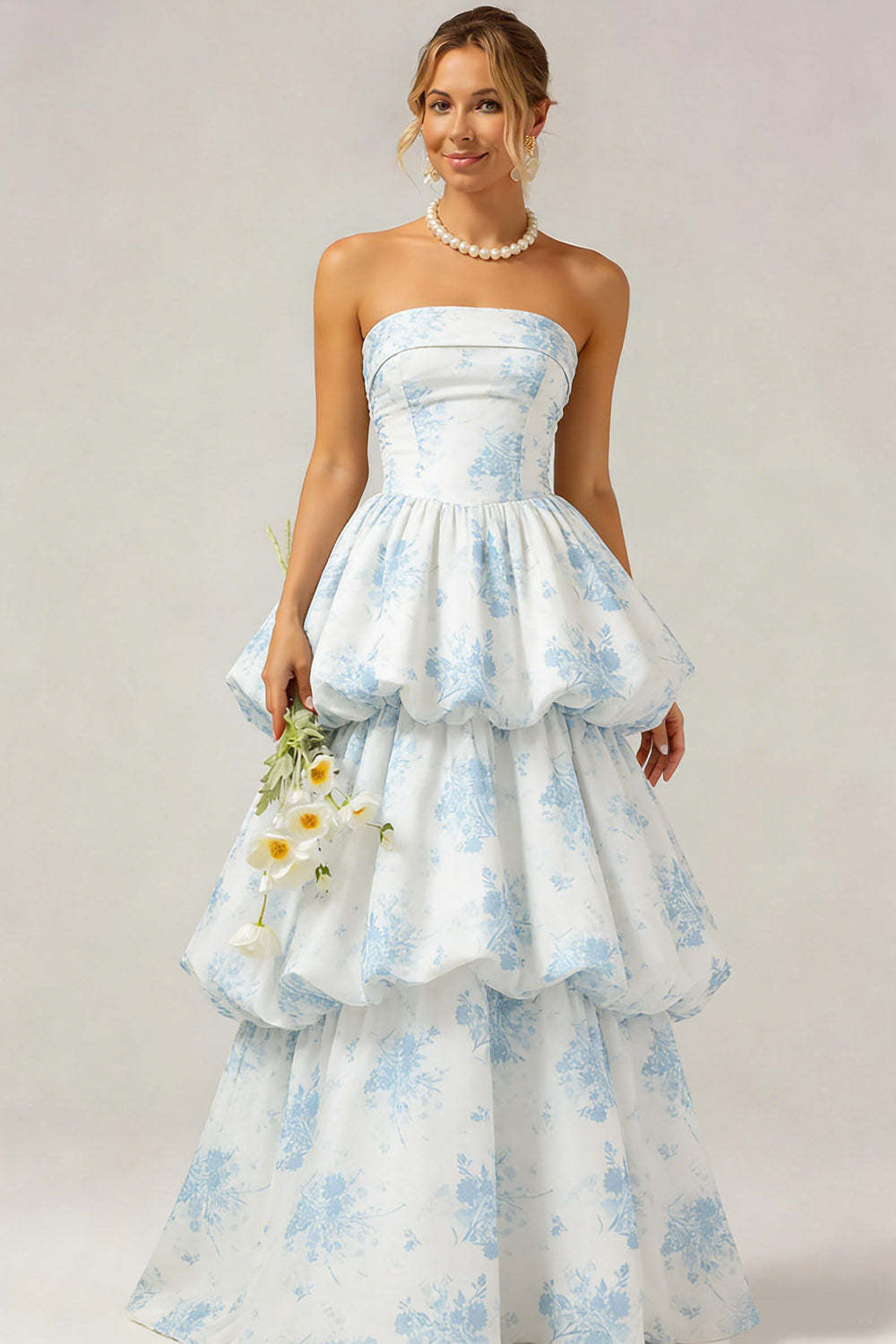 White Blue Flower Tiered Ruffled Long Bridesmaid Dress