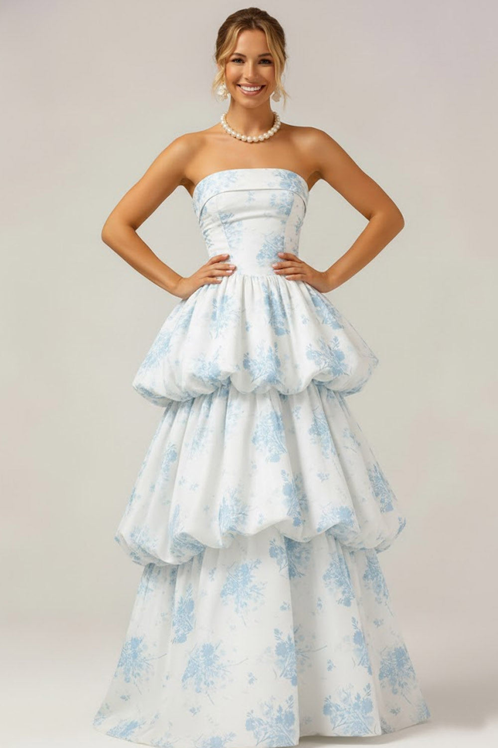 White Blue Flower Tiered Ruffled Long Bridesmaid Dress