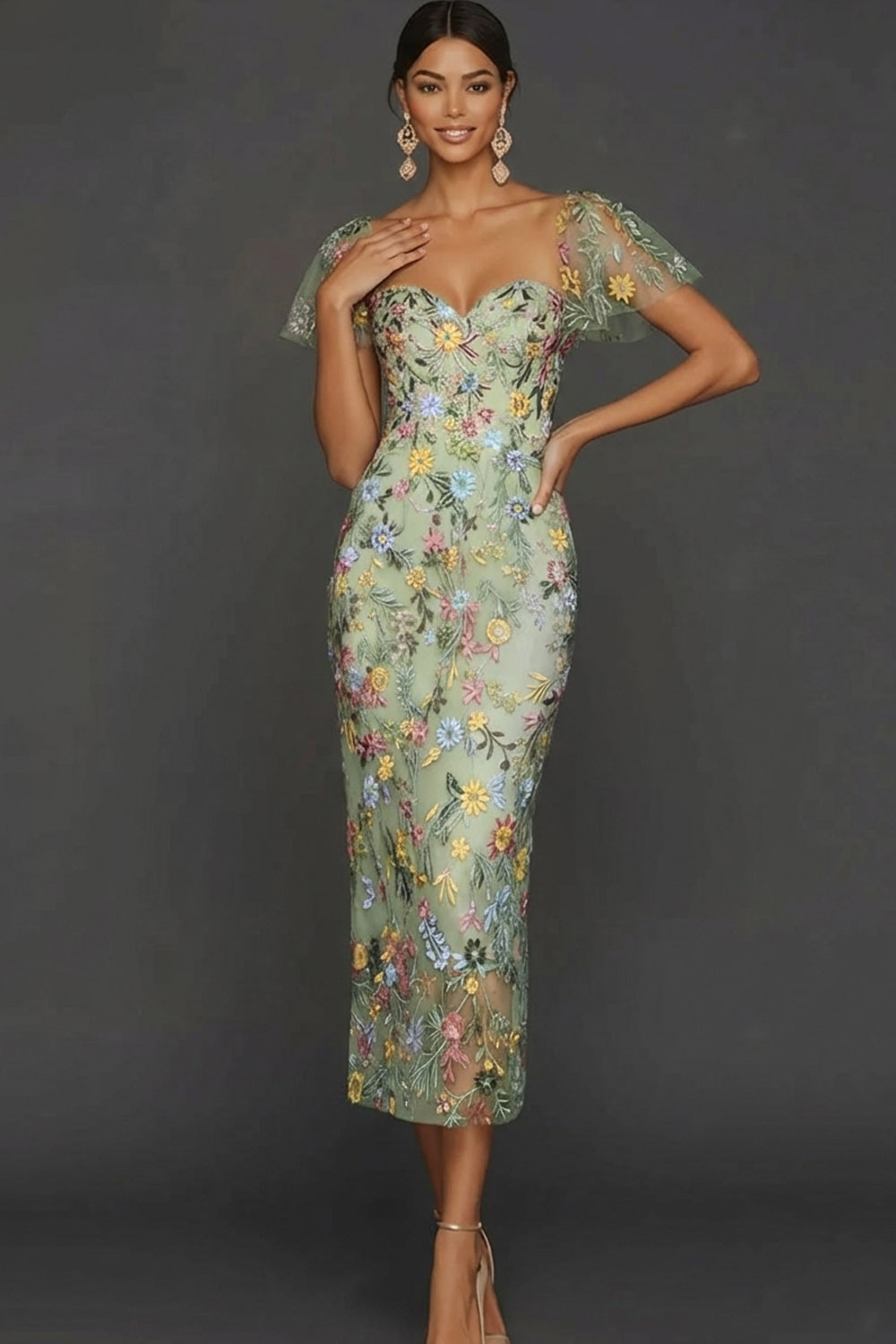 Leely Women Floral Mauve Tulle Midi Wedding Guest Dress with
