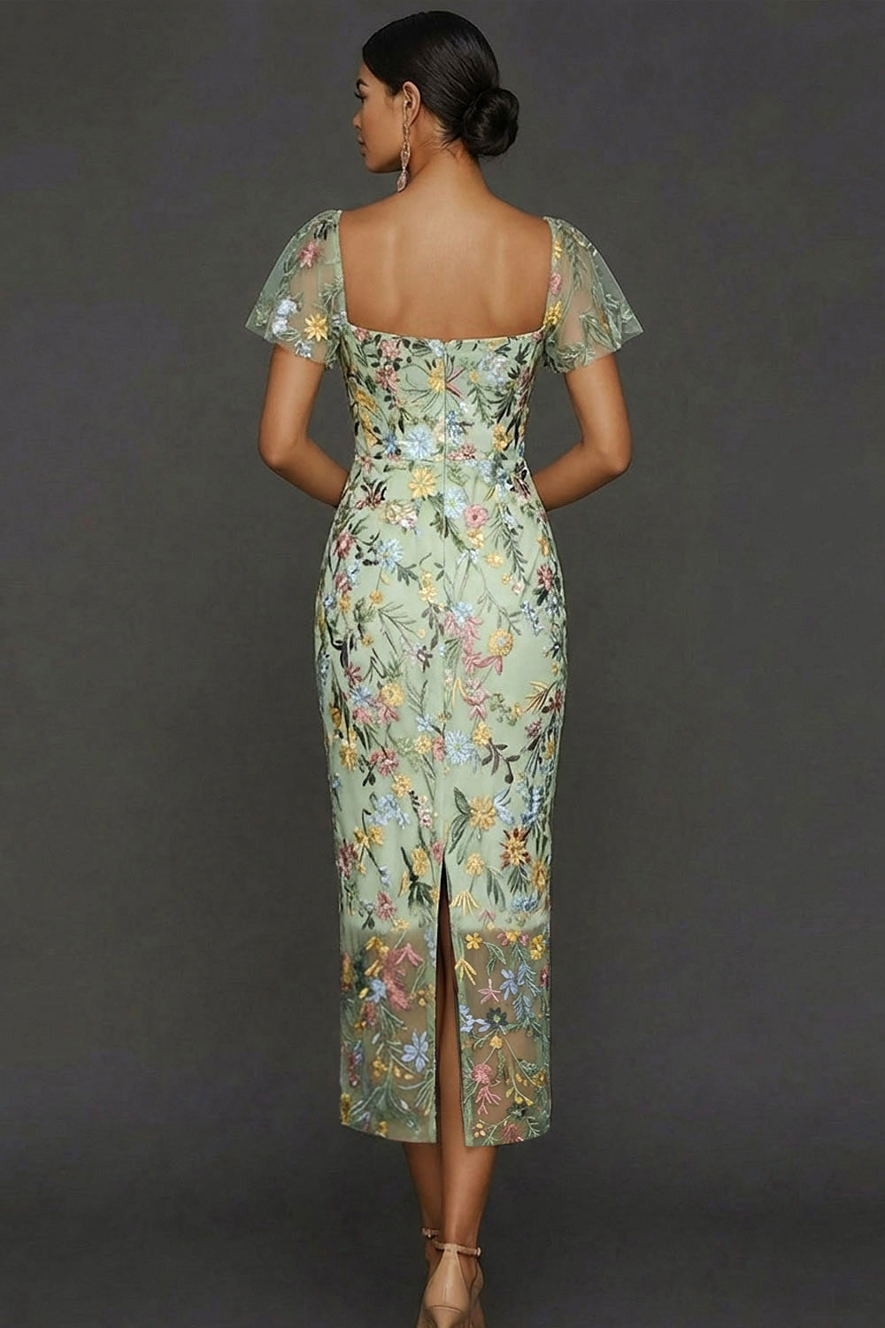 Floral Mauve Tulle Sheath Midi Wedding Guest Dress with Sleeves