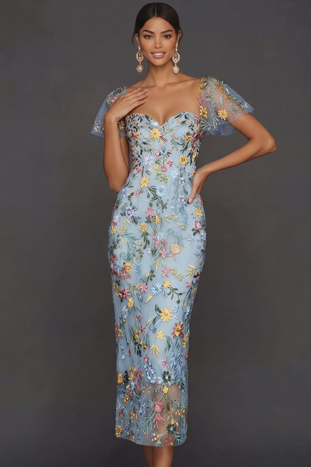 Mauve Floral Tulle Sheath Embroidered Midi Wedding Guest Dress with Sleeves