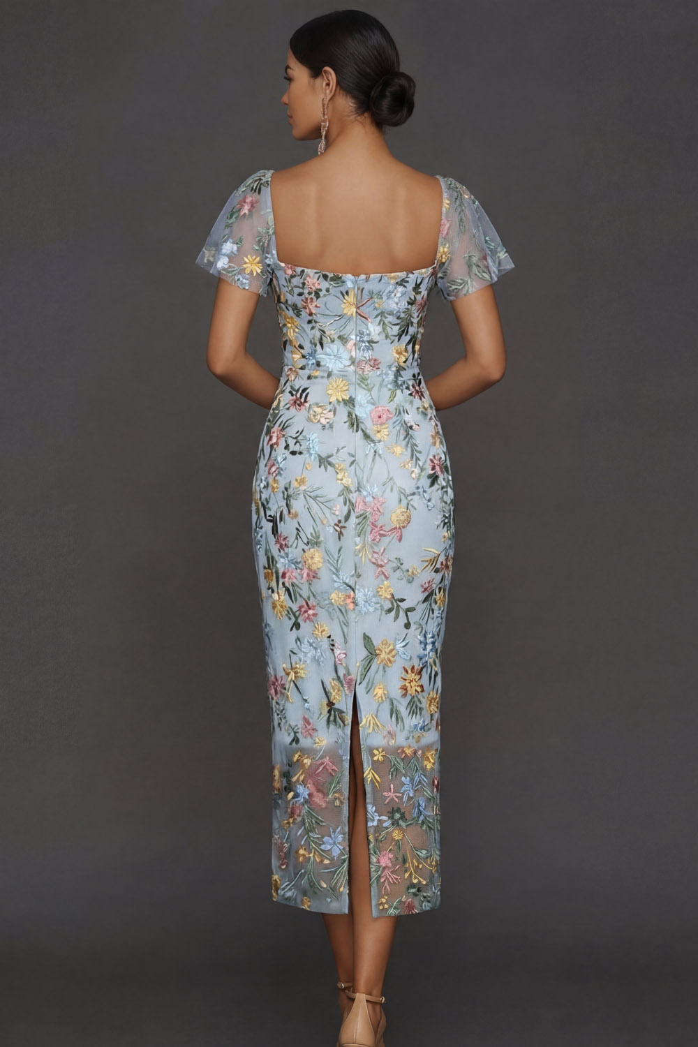 Mauve Floral Tulle Sheath Embroidered Midi Wedding Guest Dress with Sleeves