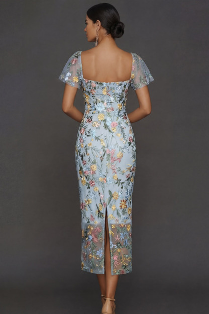 Mauve Floral Tulle Sheath Embroidered Midi Wedding Guest Dress with Sleeves