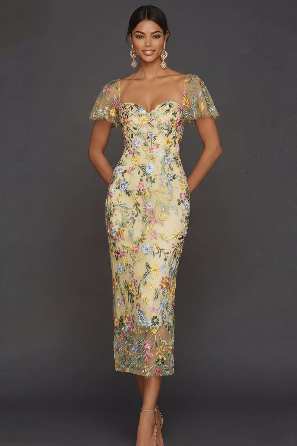 Mauve Floral Tulle Sheath Embroidered Midi Wedding Guest Dress with Sleeves