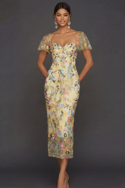 Mauve Floral Tulle Sheath Embroidered Midi Wedding Guest Dress with Sleeves