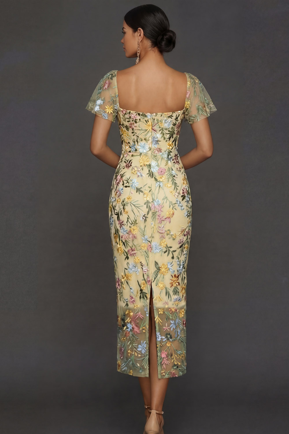 Mauve Floral Tulle Sheath Embroidered Midi Wedding Guest Dress with Sleeves