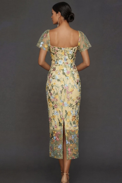 Mauve Floral Tulle Sheath Embroidered Midi Wedding Guest Dress with Sleeves