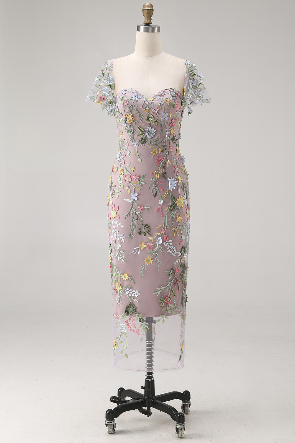 Floral Mauve Tulle Sheath Midi Wedding Guest Dress with Sleeves