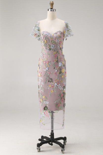 Floral Mauve Tulle Sheath Midi Wedding Guest Dress with Sleeves