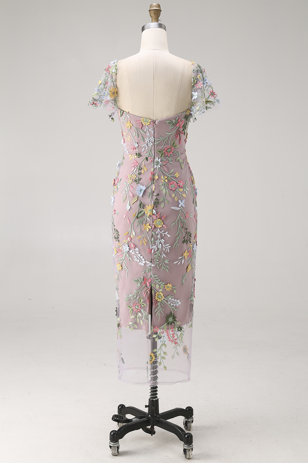 Floral Mauve Tulle Sheath Midi Wedding Guest Dress with Sleeves