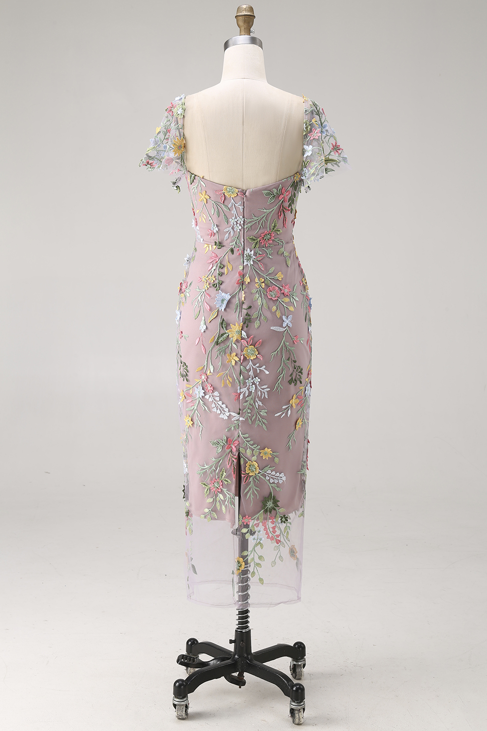 Floral Mauve Tulle Sheath Midi Wedding Guest Dress with Sleeves