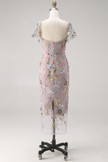 Floral Mauve Tulle Sheath Midi Wedding Guest Dress with Sleeves